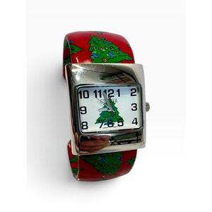 Geneva Christmas Tree Cuff Watch OS Red Holiday Festive Quartz
